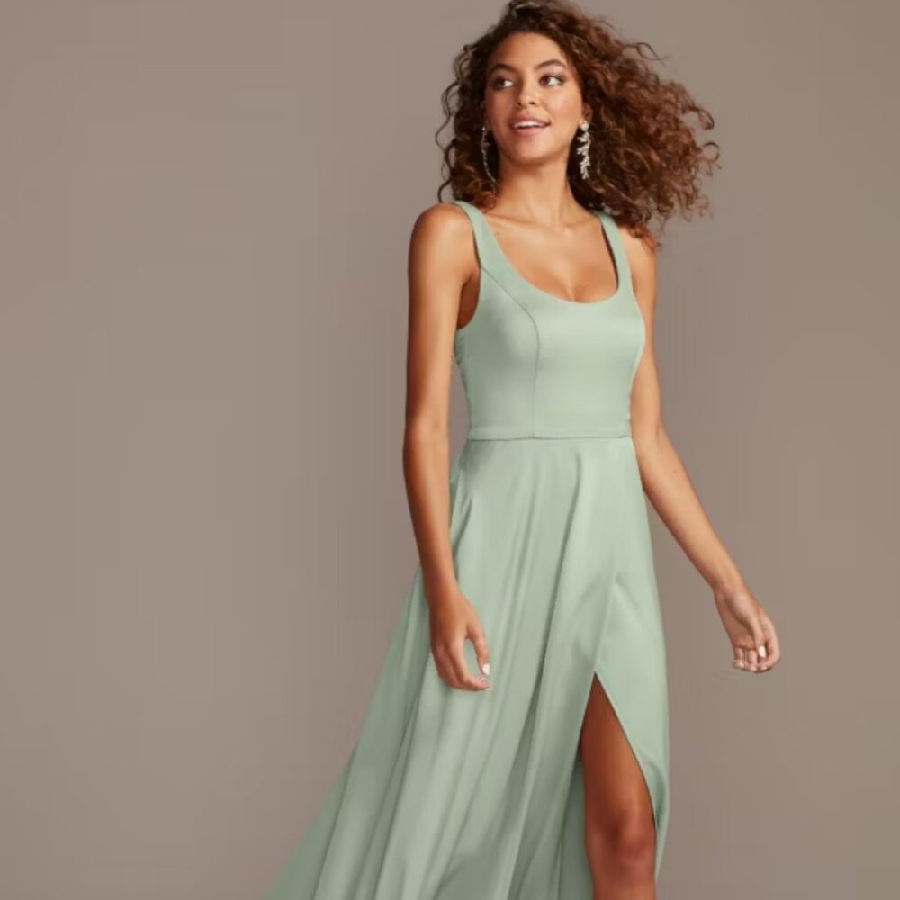 David's Bridal Crepe-Back Satin Scoop Tank Bridesmaid Dress- Juniper Green